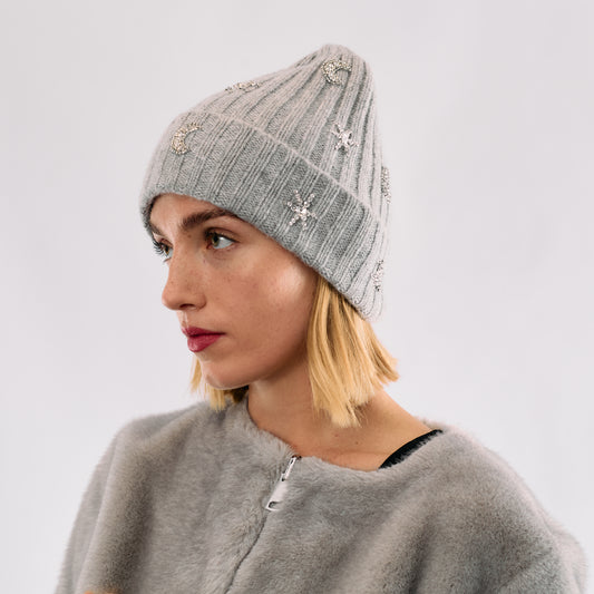 Cashmere Ribbed Cuffed Beanie with Heart & Moons- Light Heather Grey