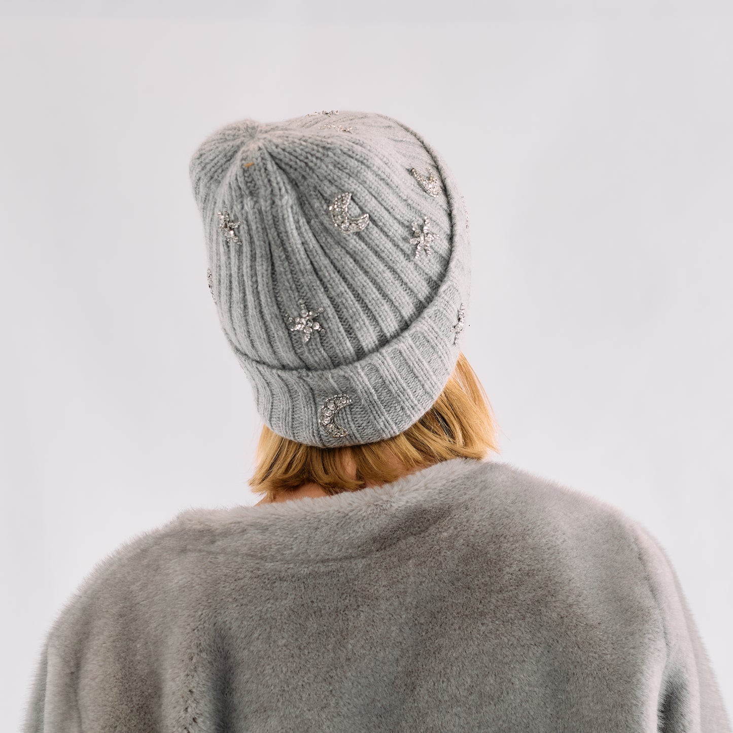 Cashmere Ribbed Cuffed Beanie with Heart & Moons- Light Heather Grey