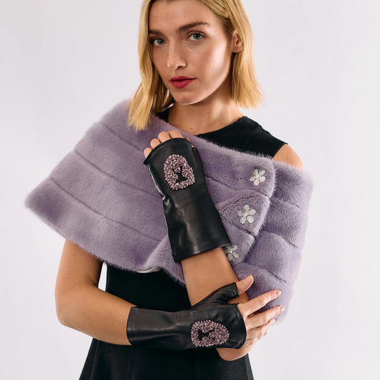 Leather Fingerless Gloves w. Crystal Skull - Black and Pink