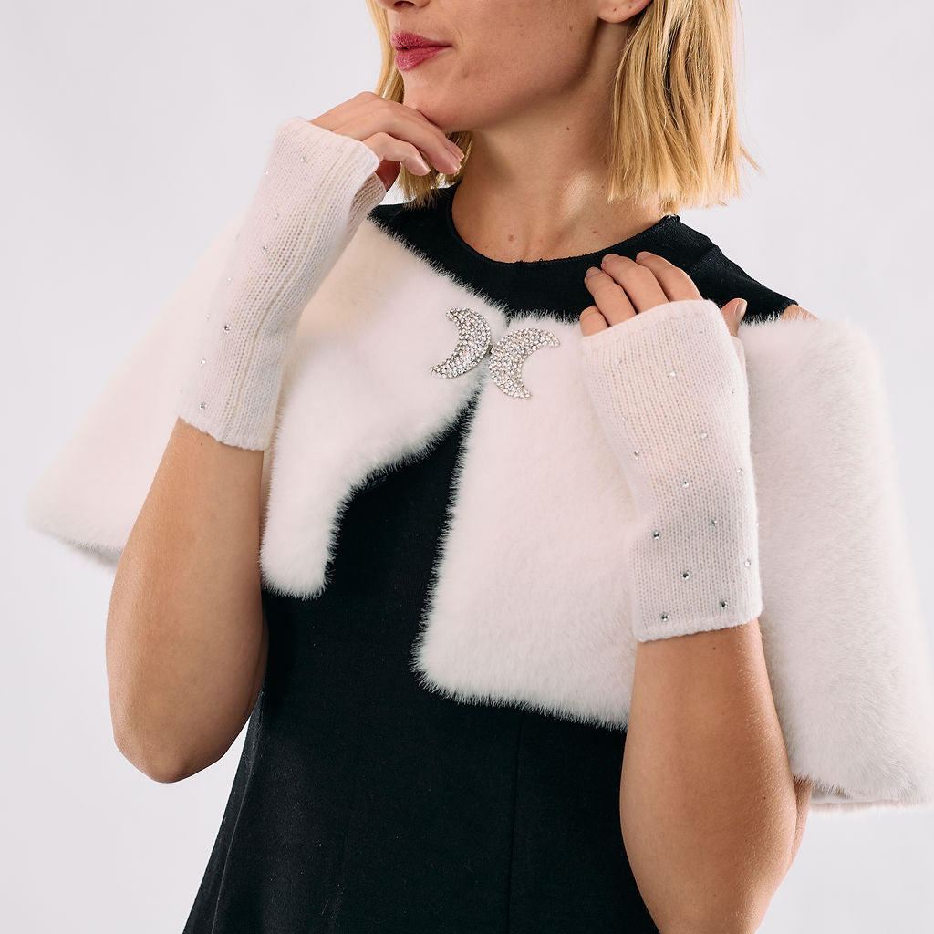 Cashmere Short Fingerless Gloves w. Scattered Crystals - Ivory