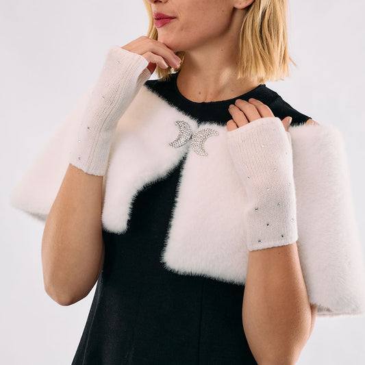 Cashmere Short Fingerless Gloves w. Scattered Crystals - Ivory