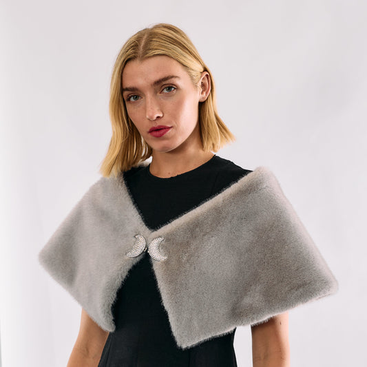Faux Fur Off The Shoulder Shrug-  Light Grey