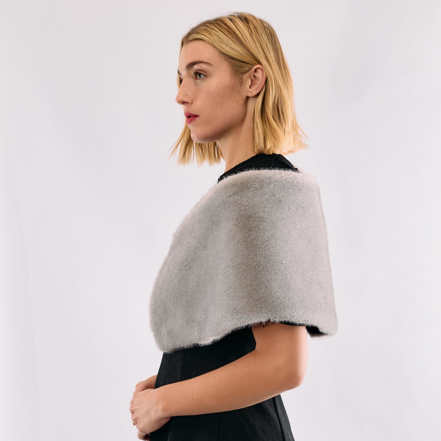 Faux Fur Off The Shoulder Shrug-  Light Grey