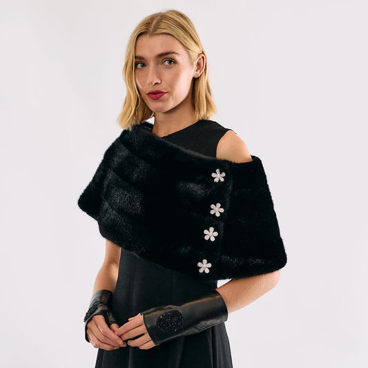 Faux Fur Emilia Shrug w. Flower Buttons - Black