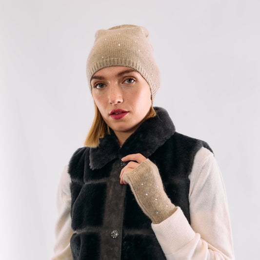 Cashmere Long Slouchy Beanie with Scattered Crystals- Nile