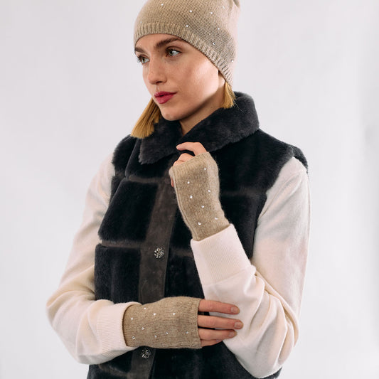 Cashmere Short Fingerless Gloves w. Scattered Crystals - Nile