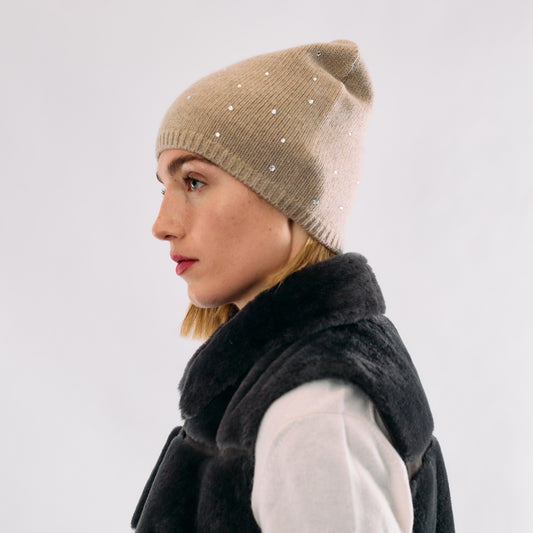 Cashmere Long Slouchy Beanie with Scattered Crystals- Nile