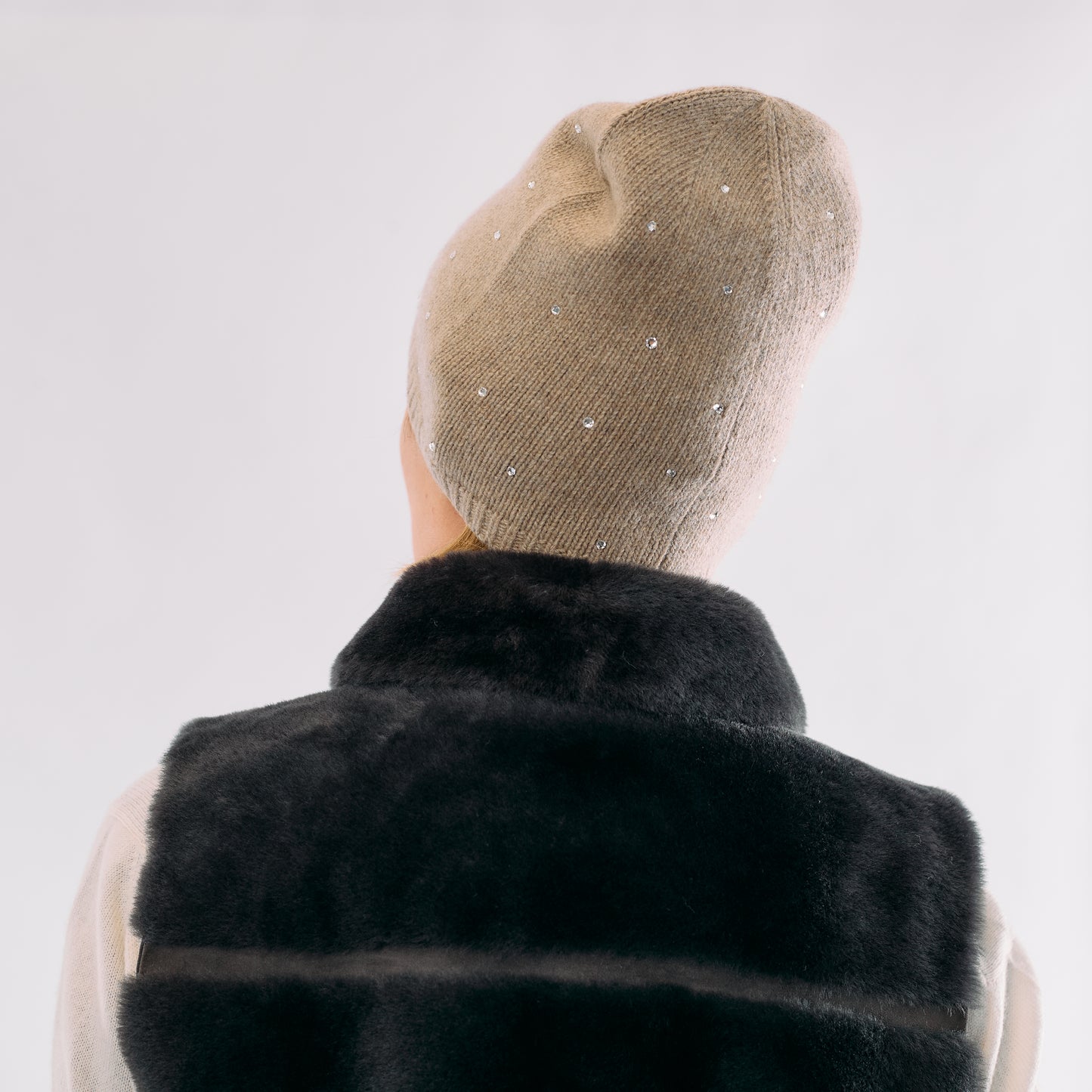Cashmere Long Slouchy Beanie with Scattered Crystals- Nile