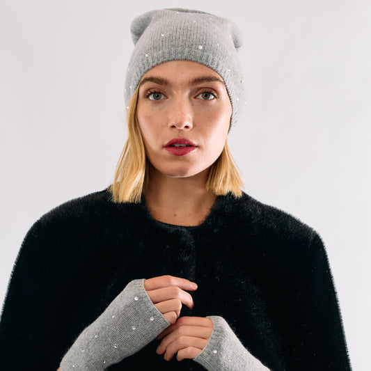 Cashmere Long Slouchy Beanie with Scattered Crystals- Light Heather Grey