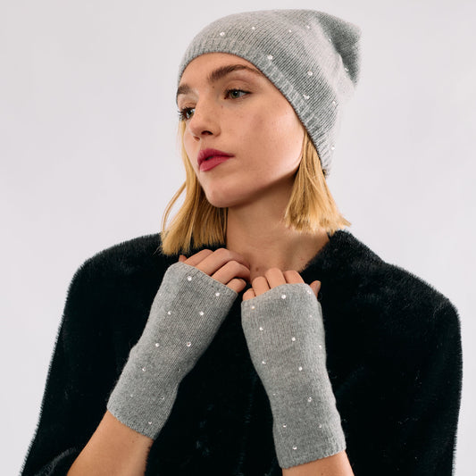 Cashmere Short Fingerless Gloves w. Scattered Crystals - Light Heather Grey