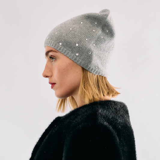 Cashmere Long Slouchy Beanie with Scattered Crystals- Light Heather Grey