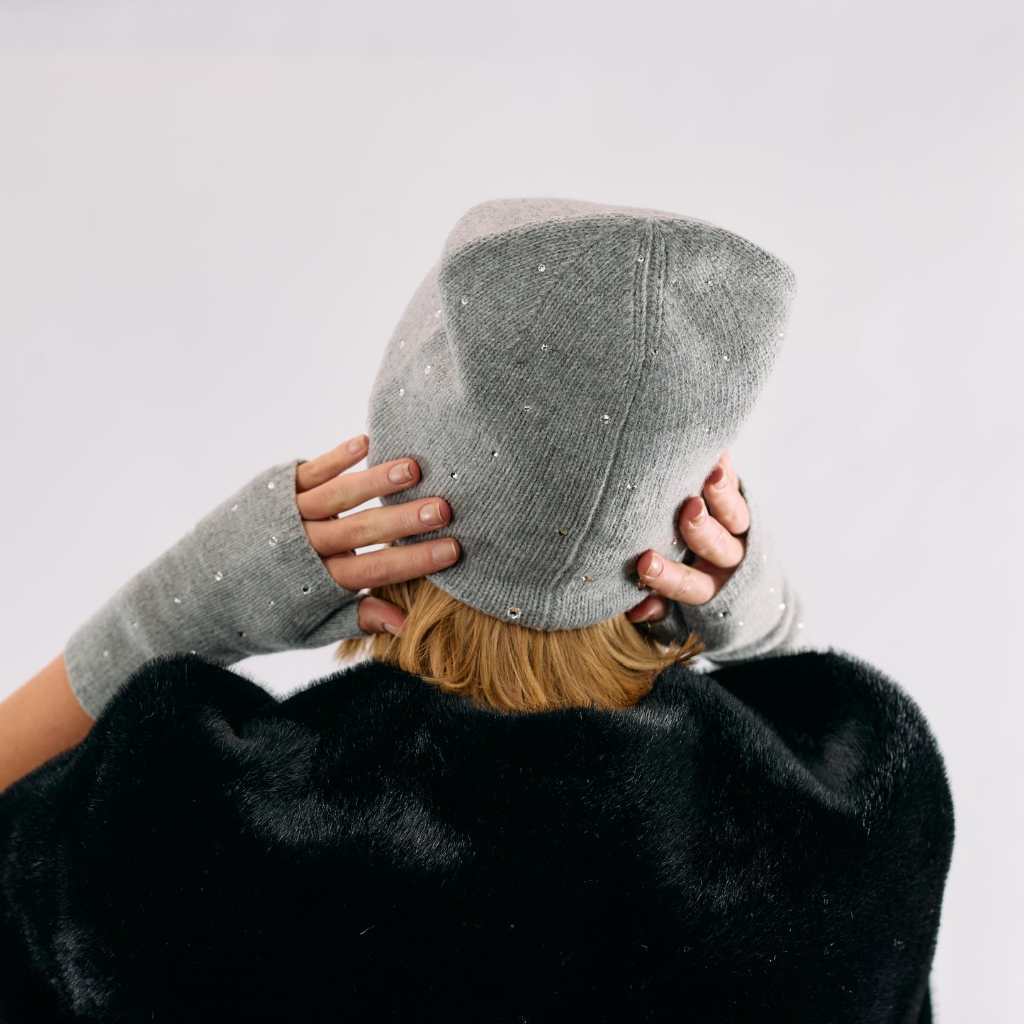 Cashmere Long Slouchy Beanie with Scattered Crystals- Light Heather Grey