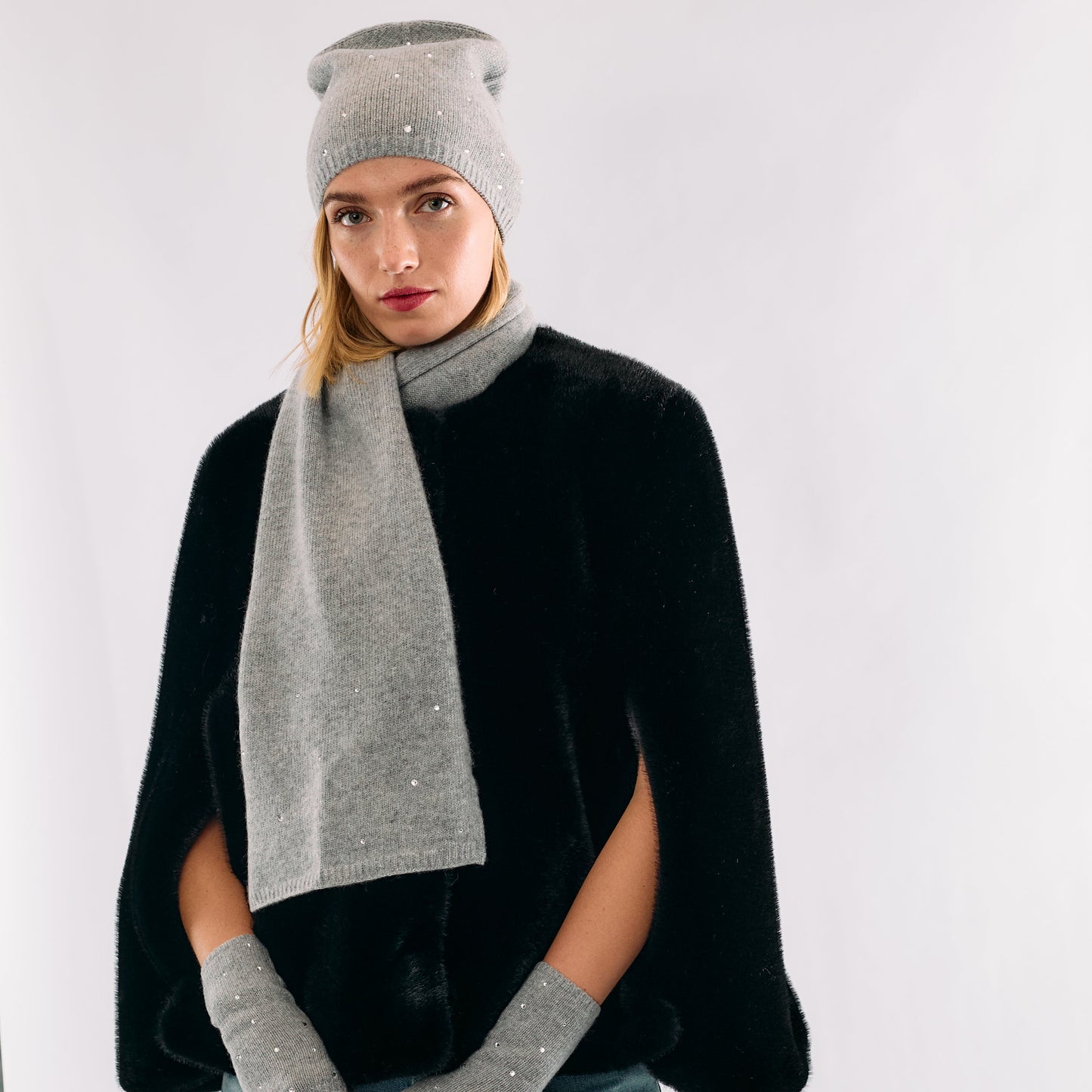 Cashmere Long Scarf with Crystals- Light Heather Grey