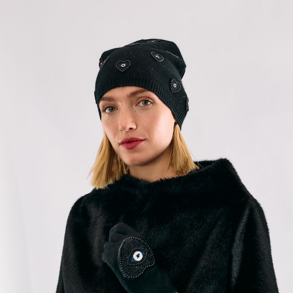 Cashmere Slouchy Beanie w. Beaded Evil Eyes