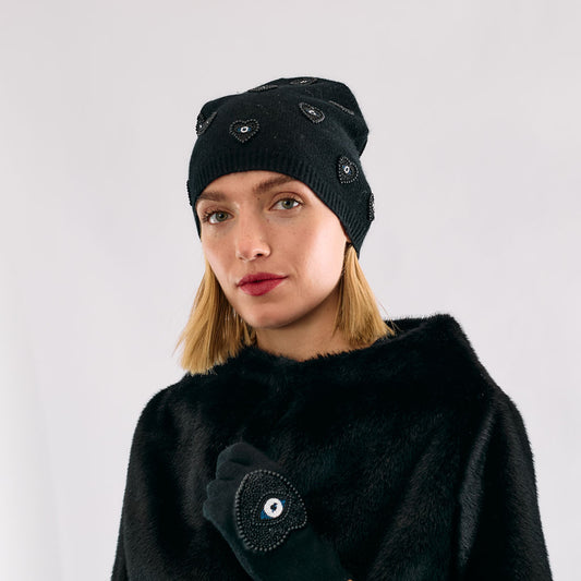 Cashmere Slouchy Beanie w. Beaded Evil Eyes