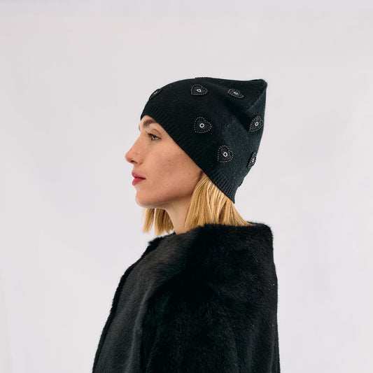 Cashmere Slouchy Beanie w. Beaded Evil Eyes