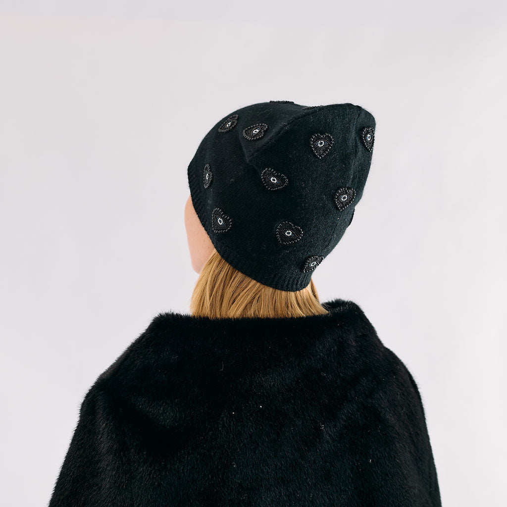 Cashmere Slouchy Beanie w. Beaded Evil Eyes