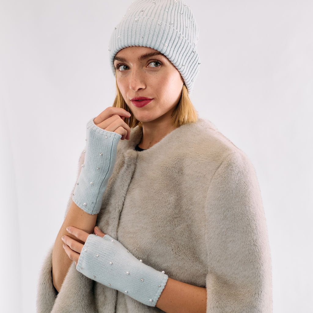 Cashmere Short Fingerless Gloves w. Pearls & Crystals - Cloud Blue