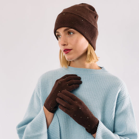 Cashmere Full Finger Gloves w. Scattered Monochromatic Crystals - Brown