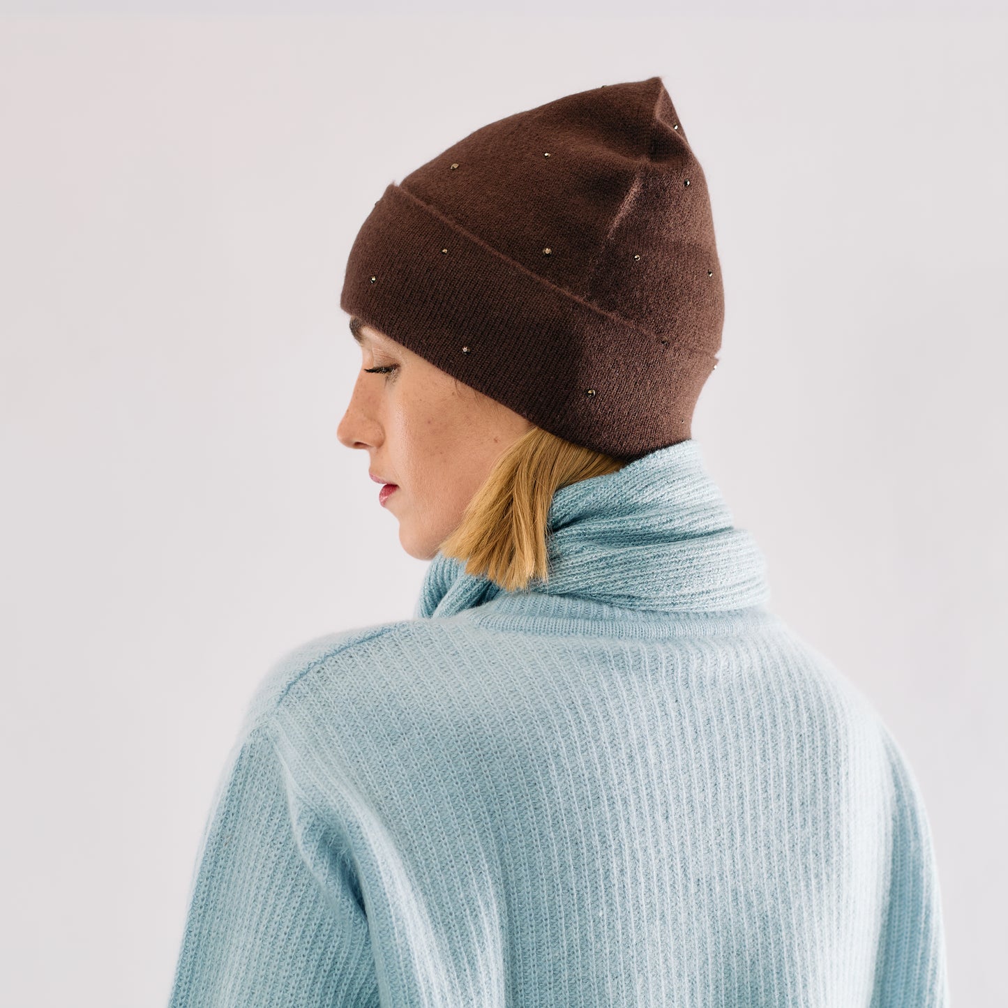 Cashmere Jersey Knit Cuffed Beanie with Scattered Monochromatic Crystals- Chocolate Brown
