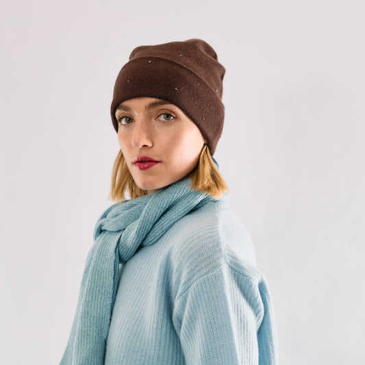 Cashmere Jersey Knit Cuffed Beanie with Scattered Monochromatic Crystals- Chocolate Brown