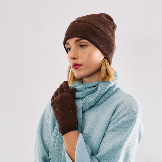Cashmere Jersey Knit Cuffed Beanie with Scattered Monochromatic Crystals- Chocolate Brown