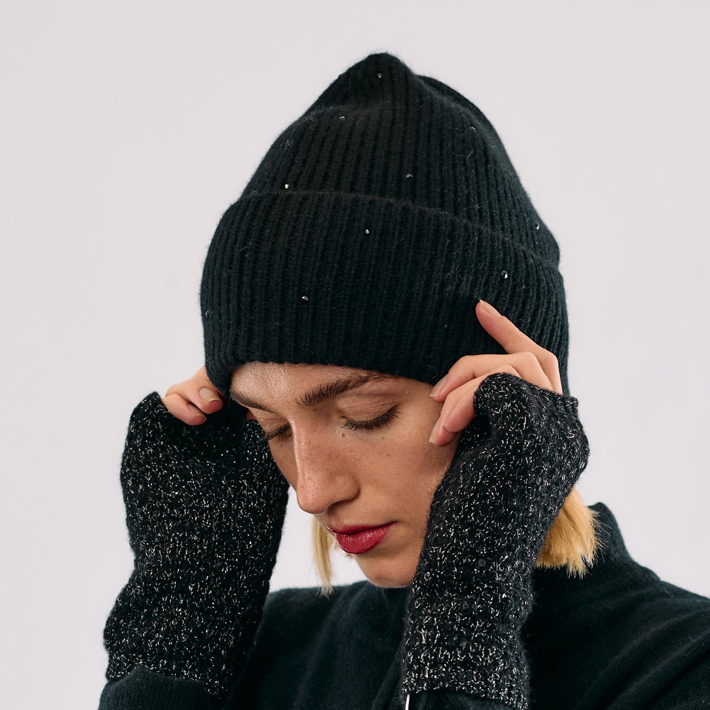 Cashmere Jersey Knit Cuffed beanie with Scattered Monochromatic Crystals- Black