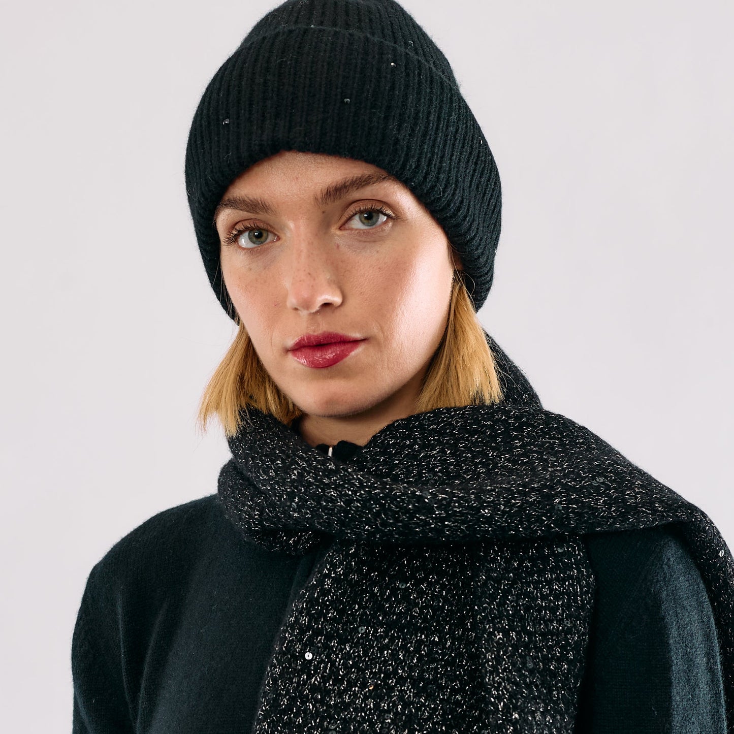 Cashmere Jersey Knit Cuffed beanie with Scattered Monochromatic Crystals- Black