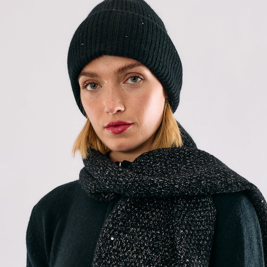 Cashmere Jersey Knit Cuffed beanie with Scattered Monochromatic Crystals- Black