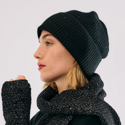 Cashmere Jersey Knit Cuffed beanie with Scattered Monochromatic Crystals- Black