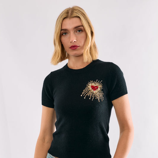 Cashmere Short Sleeve Sweater with Hand Embroidered Heart