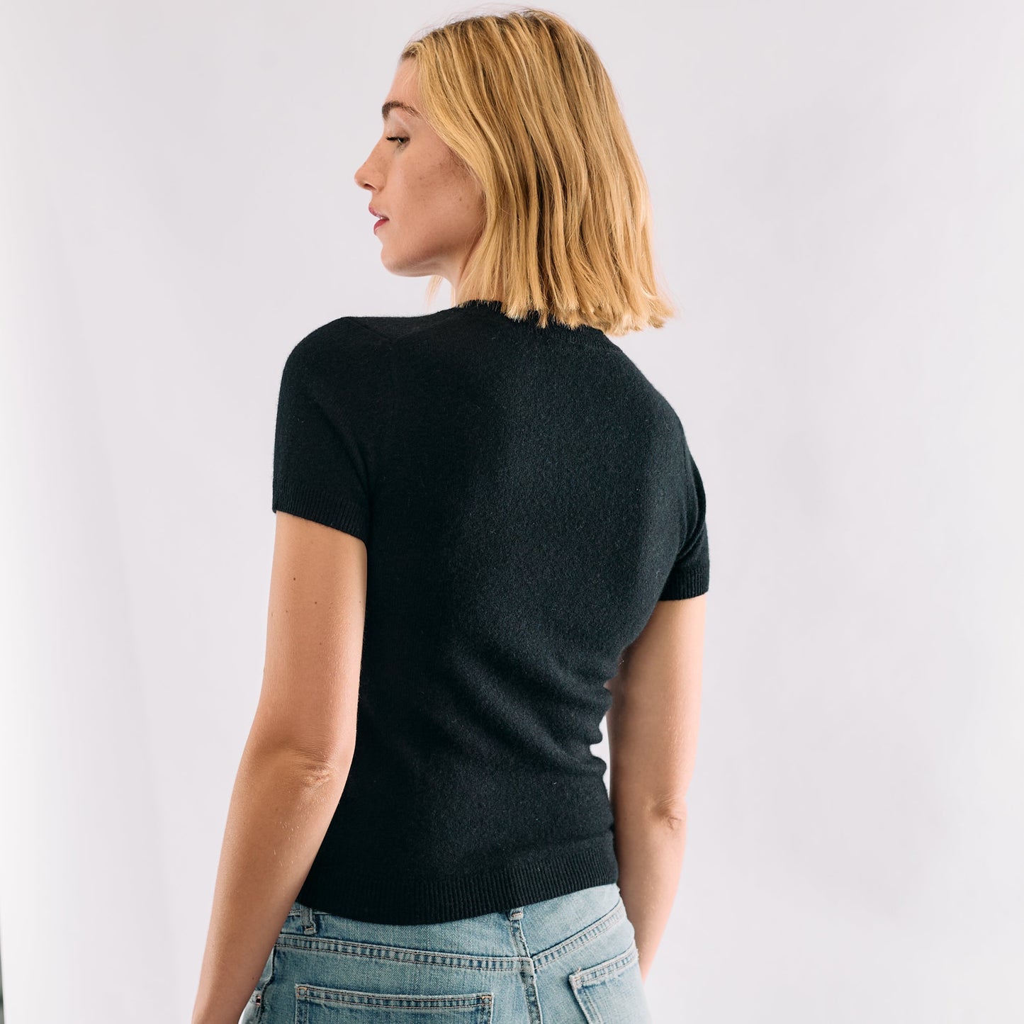 Cashmere Short Sleeve Sweater with Hand Embroidered Heart