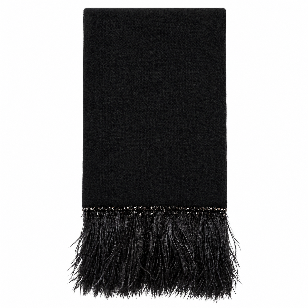 Cashmere Long Scarf with Ostrich Feather Trim - Black