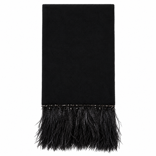 Cashmere Long Scarf with Ostrich Feather Trim - Black