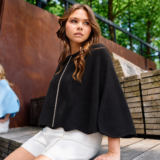 Cashmere Wool Blend Poncho with Rhinestone Stripe - Black