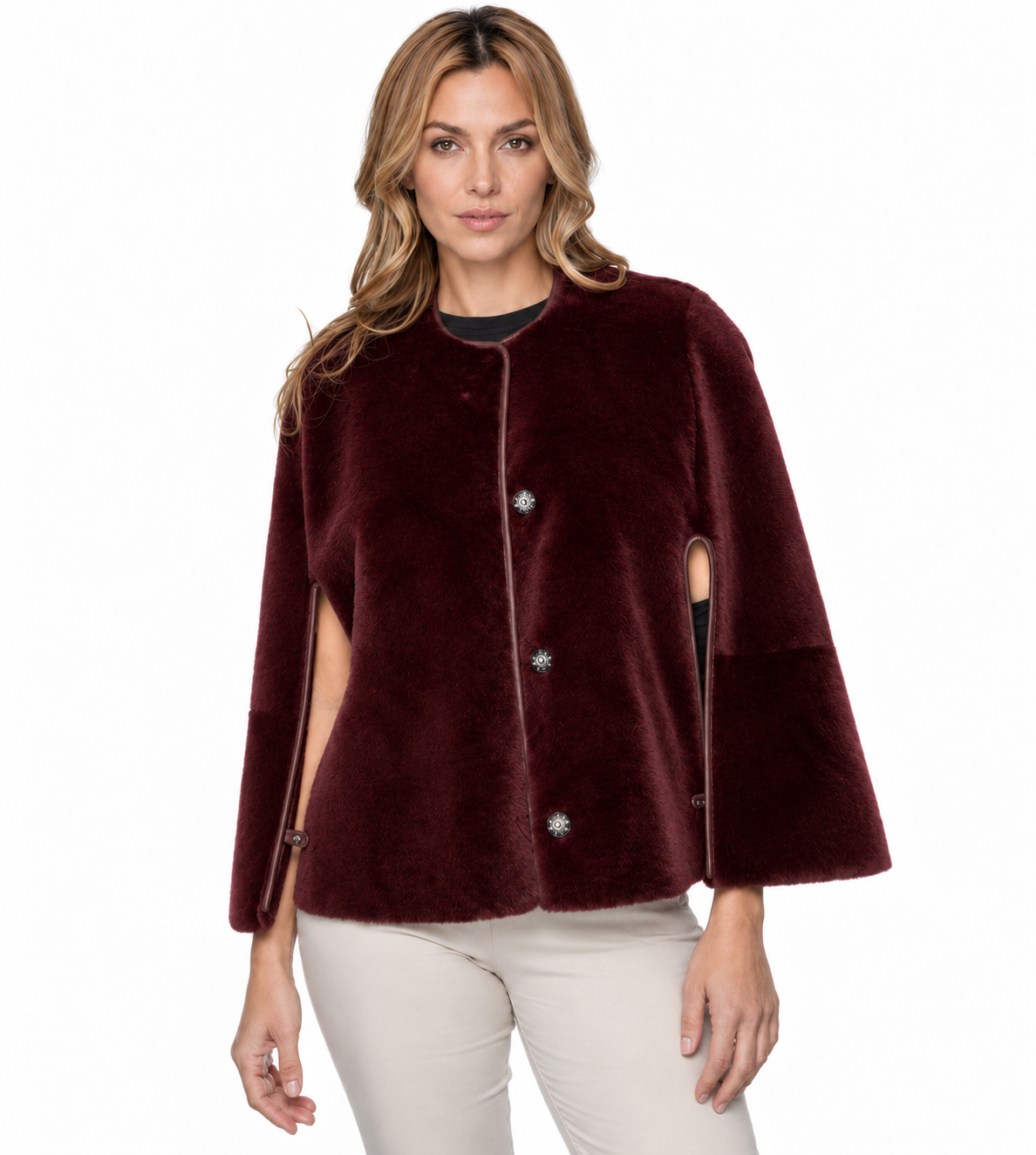 Shearling Reversible Open Front Cape - Burgundy