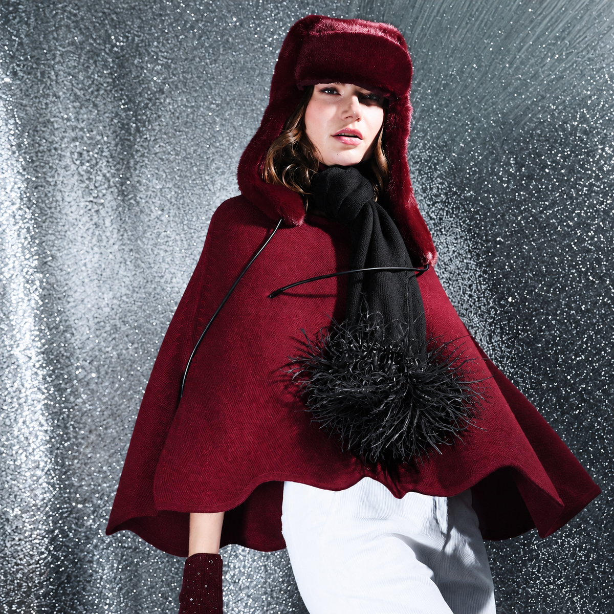 Cashmere Long Scarf with Ostrich Feather Trim - Black