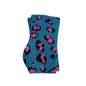 Kids Minerva Fingerless Gloves w. Intarsia & Embroidered Leopard Print - Teal Blue