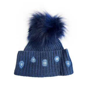 Infant's Cashmere Cuff Hat with Embroidered Jewels & Fox Pom Pom
