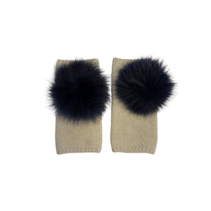 Short Fingerless Gloves w. Contrast Faux Fur Pom