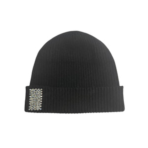 Cashmere Ribbed Cuffed Beanie w. Swarovski Crystal Tab