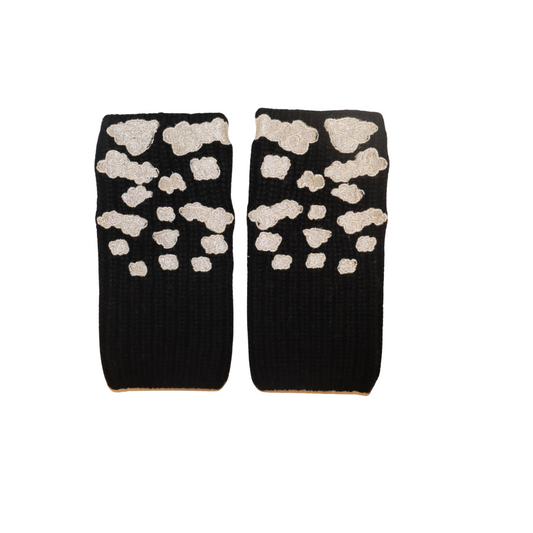 Merino Ribbed Short Fingerless Gloves w. Embroidered Clouds