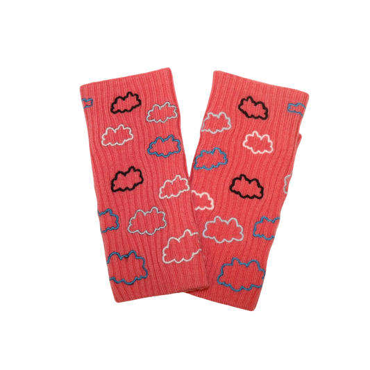 Ribbed Short Fingerless Merino Gloves with Clouds