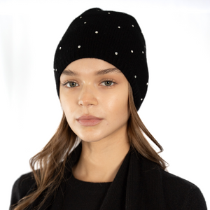 Cashmere Slouchy Beanie w. Scattered Swarovski Crystals - Black