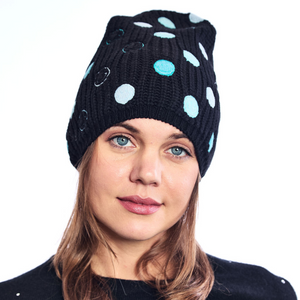 Ribbed Merino Baggy Beanie with Smile Faces - Black w. Blue