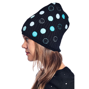 Ribbed Merino Baggy Beanie with Smile Faces - Black w. Blue