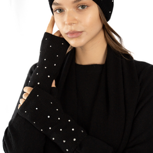 Cashmere Short Fingerless Gloves w. Scattered Swarovski Crystals - Black