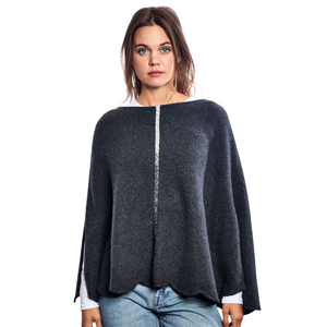 Scalloped Poncho w. Pave Stripe - Heather Charcoal