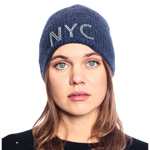 Thin Ribbed Cuffed Cashmere Hat with NYC Hotfix - Denim