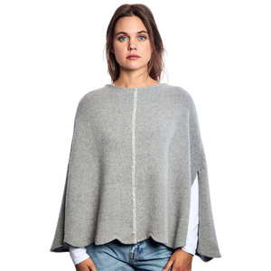 Scalloped Poncho w. Pave Stripe - Light Heather Grey